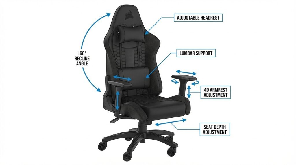 ไดอะแกรมแสดงฟีเจอร์ ergonomic ของ Corsair TC100 Relaxed