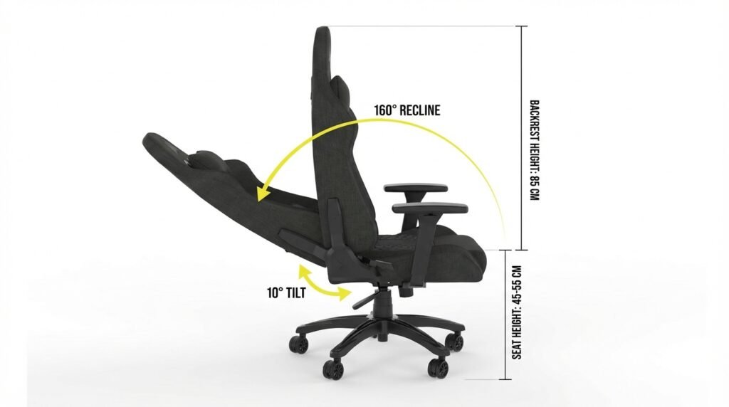 มุมมองด้านข้างของเก้าอี้พร้อมการระบุขนาดต่างๆ