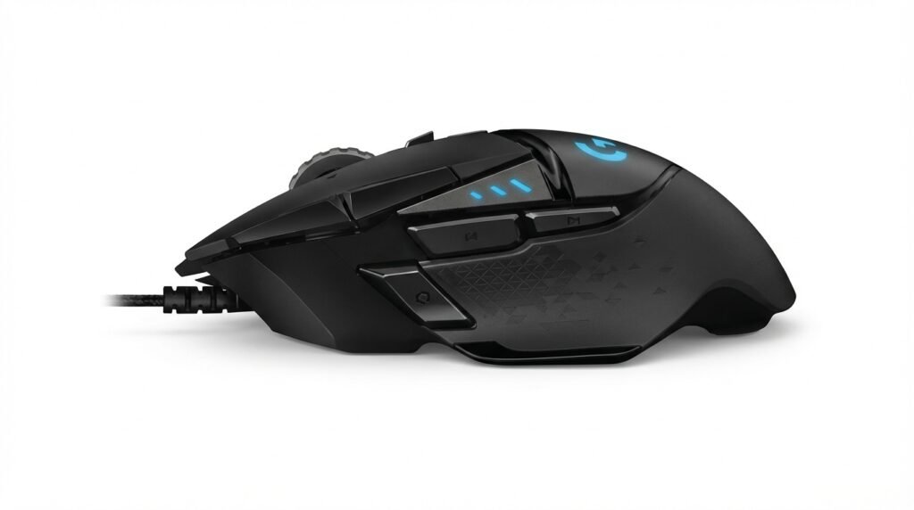 Logitech G502 HERO มุมด้านข้างแสดงปุ่มข้าง