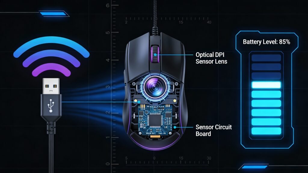 เมาส์เกมมิ่งไร้สาย เทคโนโลยี 2.4GHz เซนเซอร์ DPI สูง