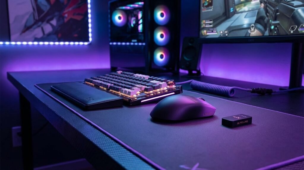 Lamzu Maya X บน gaming desk พร้อม RGB lighting