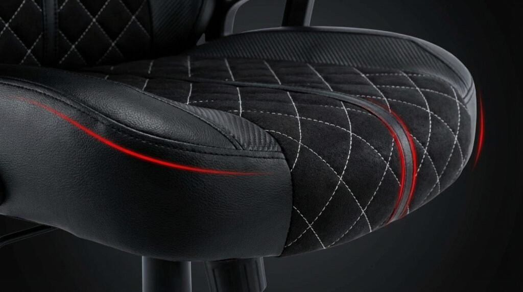 Close-up ฐานรองนั่ง TTRacing Duo V4 แสดง SeatFit Technology