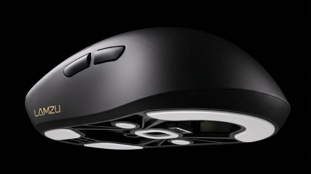 Lamzu Maya X ภาพด้านข้างแสดงรูปทรงและ PTFE feet