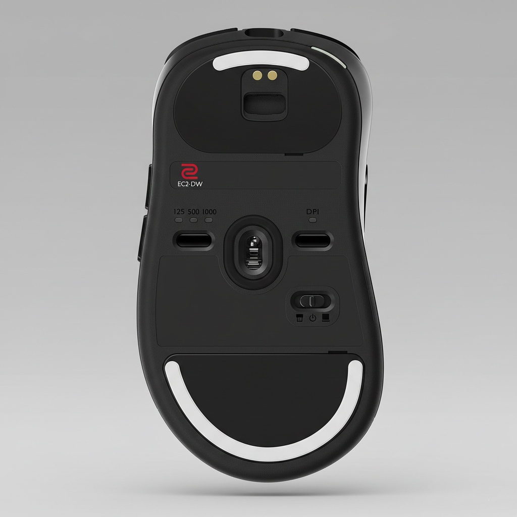 ด้านล่างเมาส์ ZOWIE EC2-DW พร้อม feet PTFE และปุ่มปรับค่า