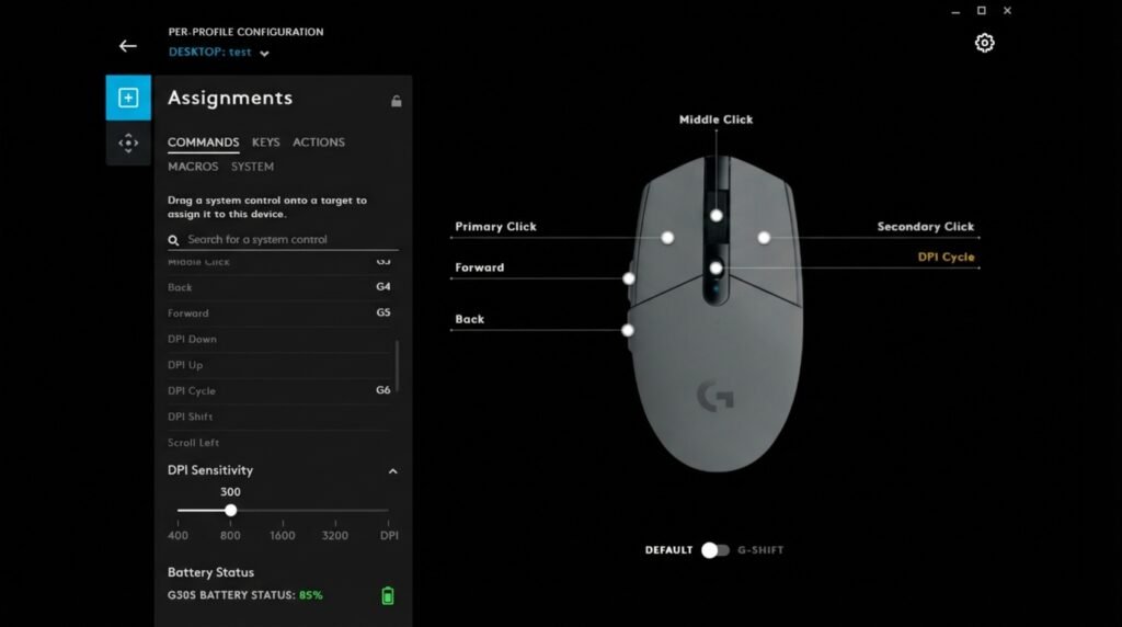 Logitech G HUB software interface สำหรับ G305