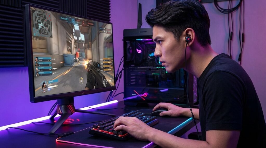 เกมเมอร์ใช้หูฟัง ASUS ROG Cetra II เล่นเกม FPS