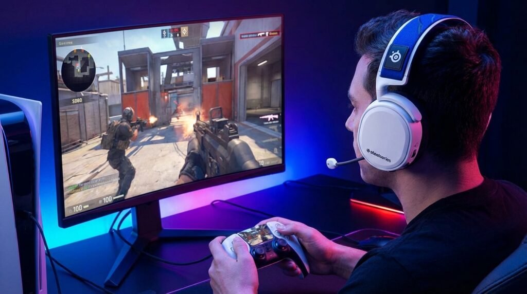 เกมเมอร์ใช้ SteelSeries Arctis 7P เล่นเกม PS5