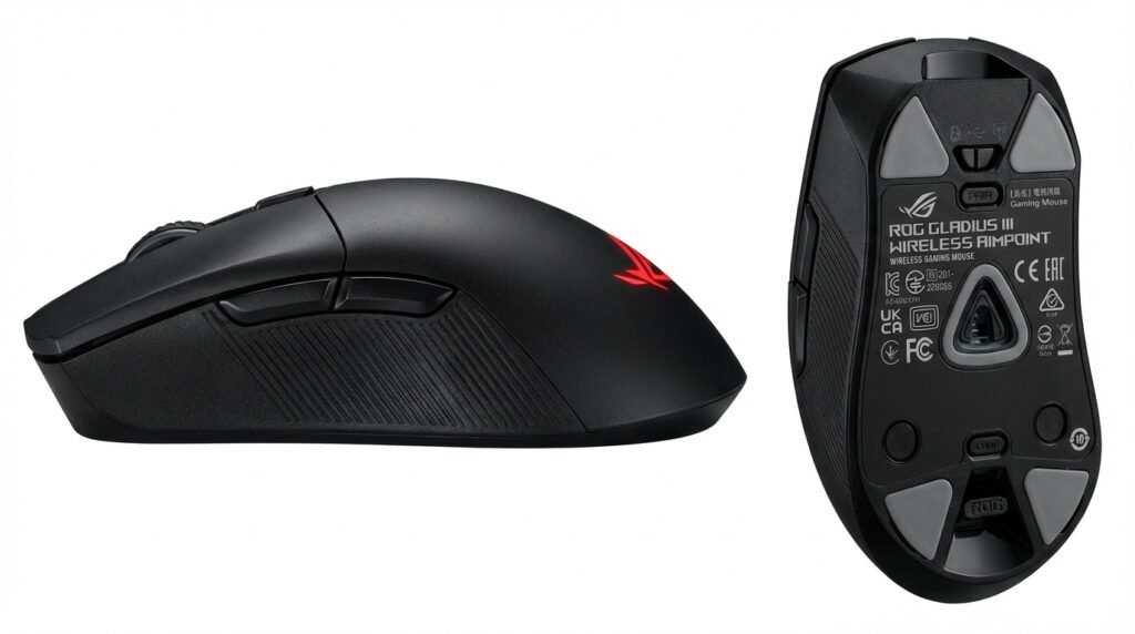 ASUS ROG Gladius III Wireless AimPoint มุมด้านข้างแสดงรูปทรง ergonomic