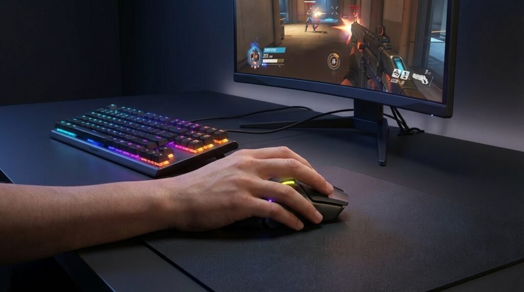 เกมเมอร์ใช้ SteelSeries Rival 650 เล่นเกม FPS บนโต๊ะเกมมิ่ง