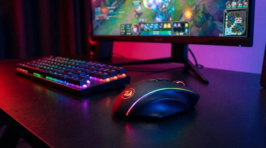Redragon M686 บนโต๊ะเกมมิ่ง RGB