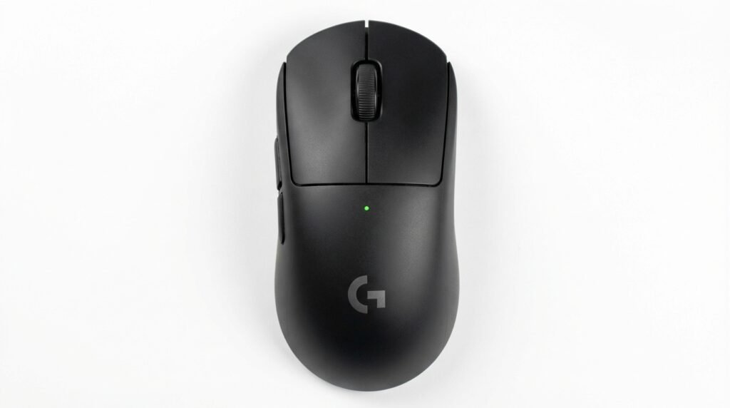 มุมมองด้านบนของ Logitech G Pro X Superlight 2 แสดงปุ่ม 5 ปุ่มและรูปทรงสมมาตร