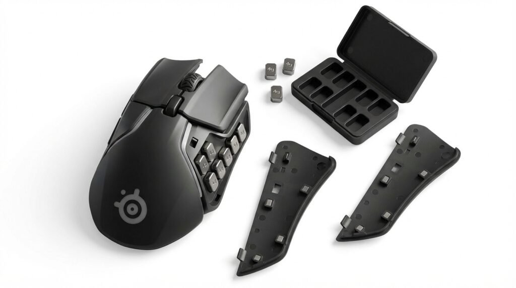ระบบปรับน้ำหนัก SteelSeries Rival 650 แสดงตุ้มถ่วง 8 ชิ้น