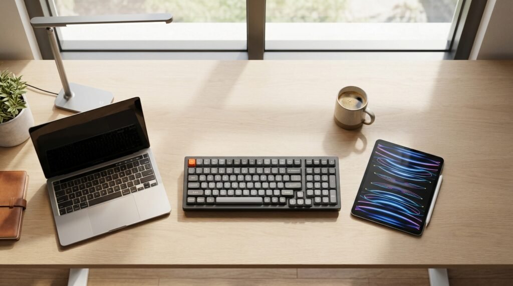 Keychron K4 บนโต๊ะทำงานมินิมอล พร้อม MacBook iPad