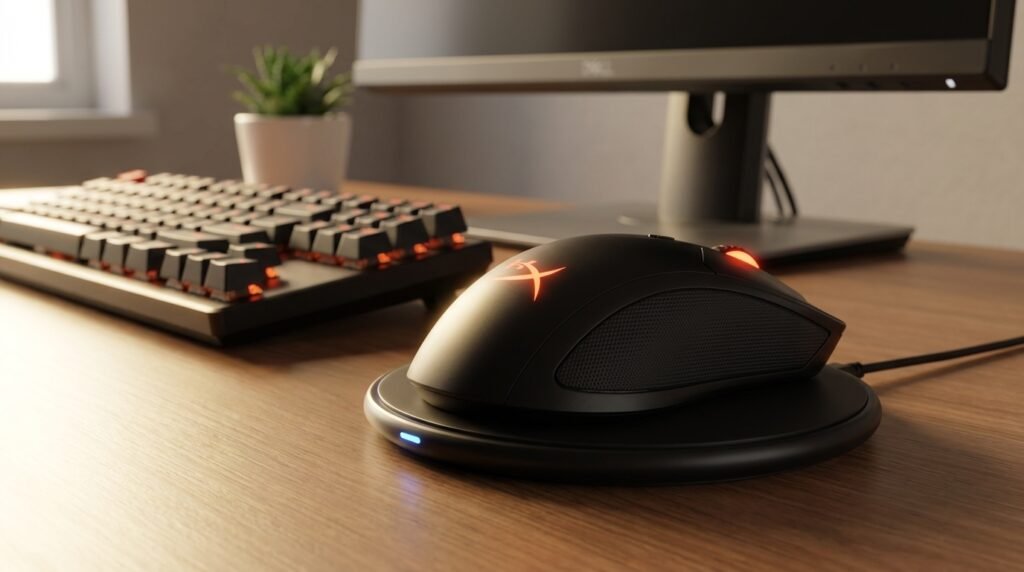 HyperX Pulsefire Dart กำลังชาร์จบนแผ่นชาร์จไร้สาย Qi