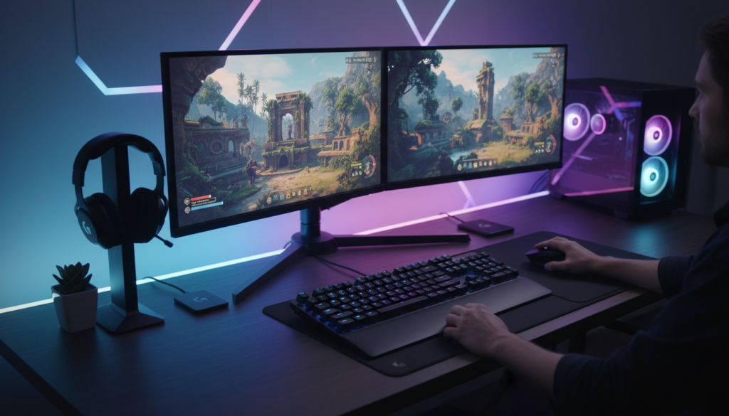 Setup โต๊ะเกมมิ่งด้วยคีย์บอร์ด Logitech G512 เมาส์เกมมิ่งและจอมอนิเตอร์