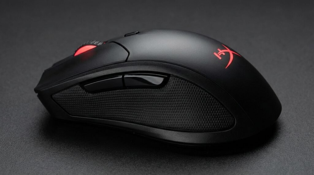 มุมด้านข้างของ HyperX Pulsefire Dart แสดงแผ่นรอง padded leatherette