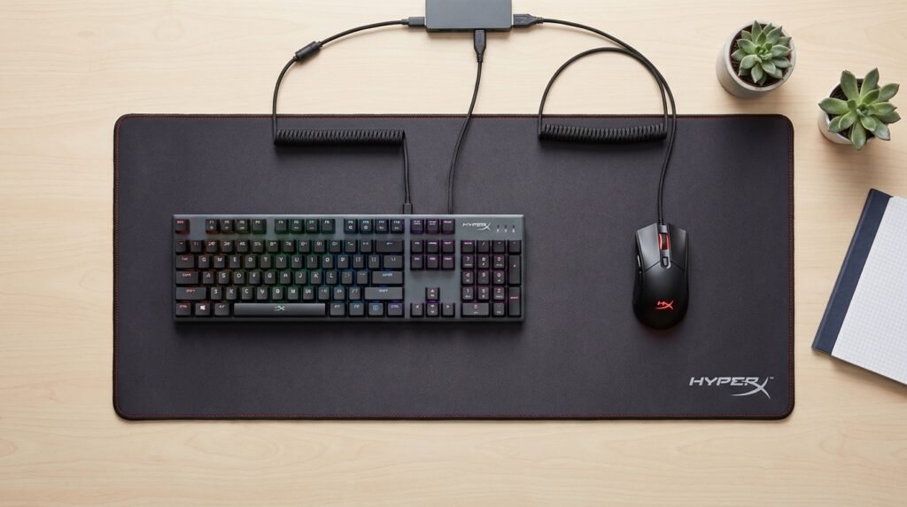 Top view HyperX Pulsefire Mat พร้อมเมาส์และคีย์บอร์ด